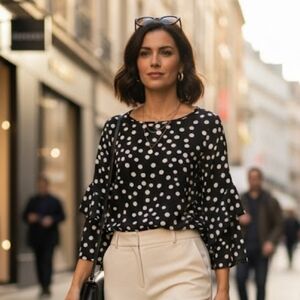 🖤 OKI Black & White Polka Dot Ruffled Blouse - Size Large 🖤